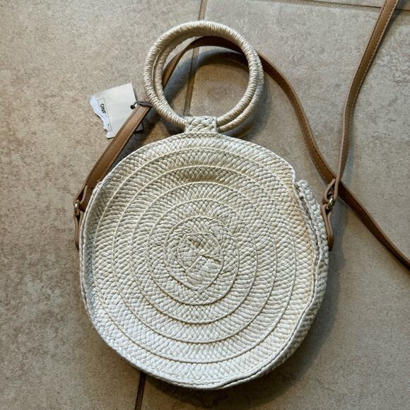 A New Day Boho Round Crossbody Handle Bag Beaded Straw Neutral Tan Purse - Picture 5 of 8